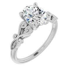 Oval Scroll Accent Engagement Ring with Milgrain