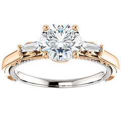 Round Moissanite Engagement Ring with Baguette Side Stones