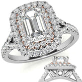 Emerald / Radiant Double Halo Cathedral Moissanite Engagement Ring