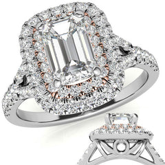 Emerald / Radiant Double Halo Cathedral Moissanite Engagement Ring