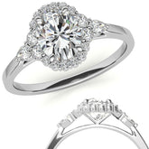 Oval and Pear Halo 3-Stone Moissanite Engagement Ring