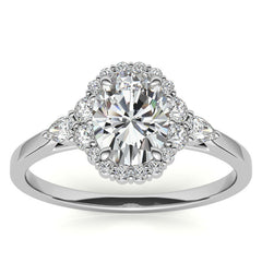 Oval and Pear Halo 3-Stone Moissanite Engagement Ring