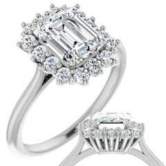 Emerald / Radiant & Round Brilliant Moissanite Halo Engagement Ring