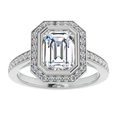 Emerald cut Moissanite Bezel Halo Engagement Ring