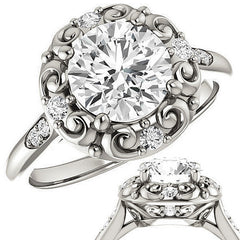 Round Moissanite Cathedral Engagement Ring with Unique Halo