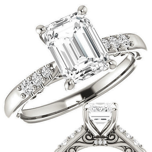 Emerald / Radiant Moissanite Cathedral Engagement Ring