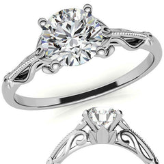 Petite Round Floral Moissanite Solitaire Ring with Milgrain