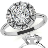 Unique Round and Emerald Bezel Halo Moissanite Engagement Ring