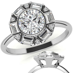 Unique Round and Emerald Bezel Halo Moissanite Engagement Ring