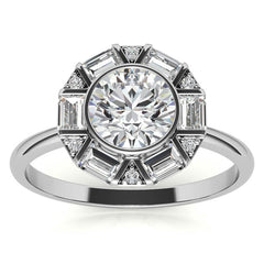 Unique Round and Emerald Bezel Halo Moissanite Engagement Ring