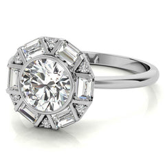Unique Round and Emerald Bezel Halo Moissanite Engagement Ring