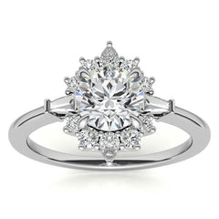 Round and Baguette Cluster Halo Moissanite Engagement Ring