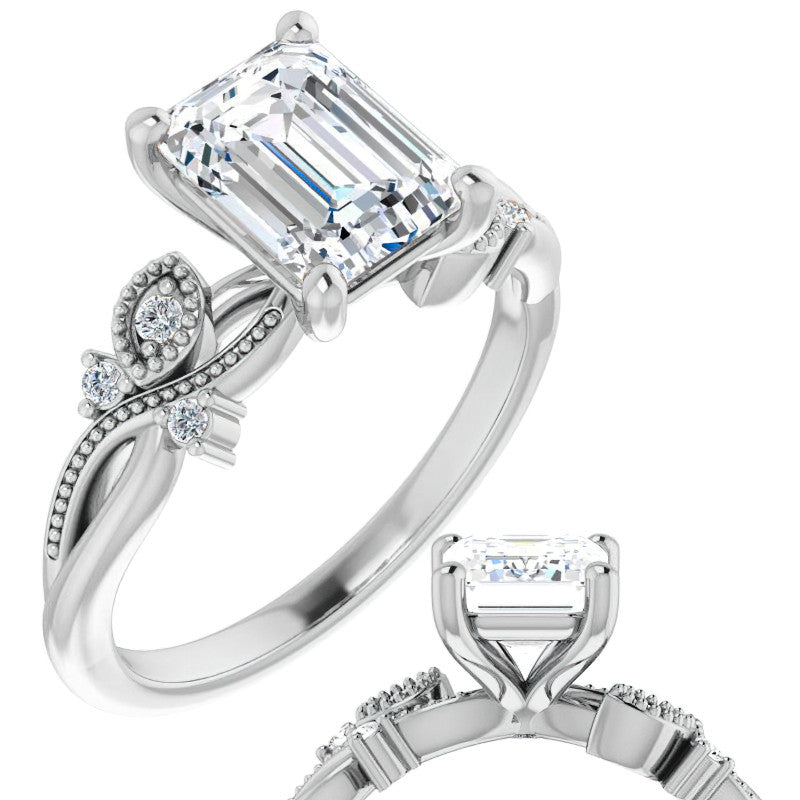 Emerald / Radiant Floral Inspired Infinity Moissanite Engagement Ring with Milgrain