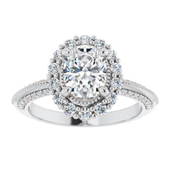 Antique Style Oval Halo Moissanite Engagement Ring with Milgrain