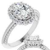 Antique Style Oval Halo Moissanite Engagement Ring with Milgrain