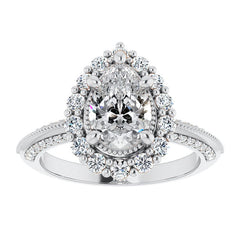 Antique Style Pear Halo Moissanite Engagement Ring with Milgrain