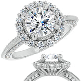 Antique Style Round Halo Moissanite Engagement Ring with Milgrain