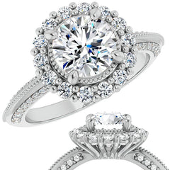 Antique Style Round Halo Moissanite Engagement Ring with Milgrain