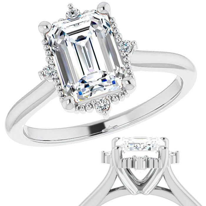 Petite Halo Emerald / Radiant Moissanite Cathedral Engagement Ring