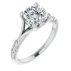 Cushion Moissanite Scroll Accent Cathedral Engagement Ring