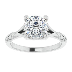 Cushion Moissanite Scroll Accent Cathedral Engagement Ring