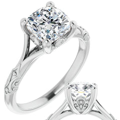 Cushion Moissanite Scroll Accent Cathedral Engagement Ring