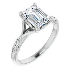 Emerald / Radiant Moissanite Scroll Accent Cathedral Engagement Ring