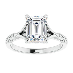 Emerald / Radiant Moissanite Scroll Accent Cathedral Engagement Ring