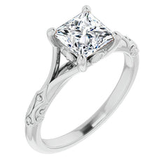 Princess cut Moissanite Scroll Accent Cathedral Engagement Ring