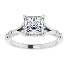 Princess cut Moissanite Scroll Accent Cathedral Engagement Ring