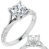 Princess cut Moissanite Scroll Accent Cathedral Engagement Ring
