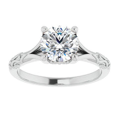 Round Brilliant Moissanite Scroll Accent Cathedral Engagement Ring
