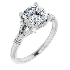 Cushion Split Shank Moissanite Engagement Ring with Scroll Accents