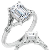 Emerald / Radiant Split Shank Moissanite Engagement Ring with Scroll Accents