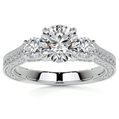 Round Three Stone Milgrain Moissanite Engagement Ring with Scroll