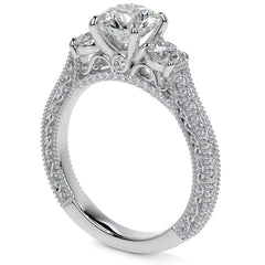 Round Three Stone Milgrain Moissanite Engagement Ring with Scroll