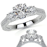 Round Three Stone Milgrain Moissanite Engagement Ring with Scroll