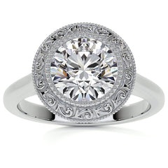 Round Engraved Halo Moissanite Engagement Ring with Milgrain