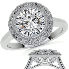 Round Engraved Halo Moissanite Engagement Ring with Milgrain