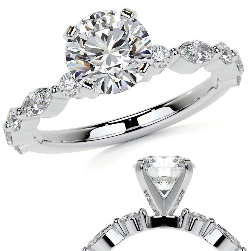 Marquise and Round Single Prong Scalloped Moissanite Engagement Ring