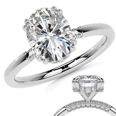 Double Prong Oval Moissanite Engagement Ring with Hidden Halo