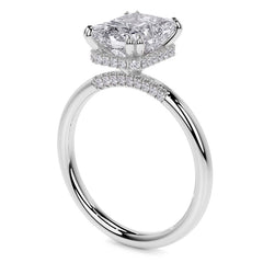 Double Prong Emerald / Radiant Moissanite Engagement Ring with Hidden Halo