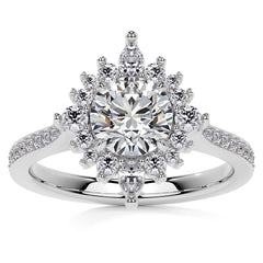 Round Halo Starburst Moissanite Engagement Ring