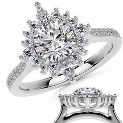 Round Halo Starburst Moissanite Engagement Ring