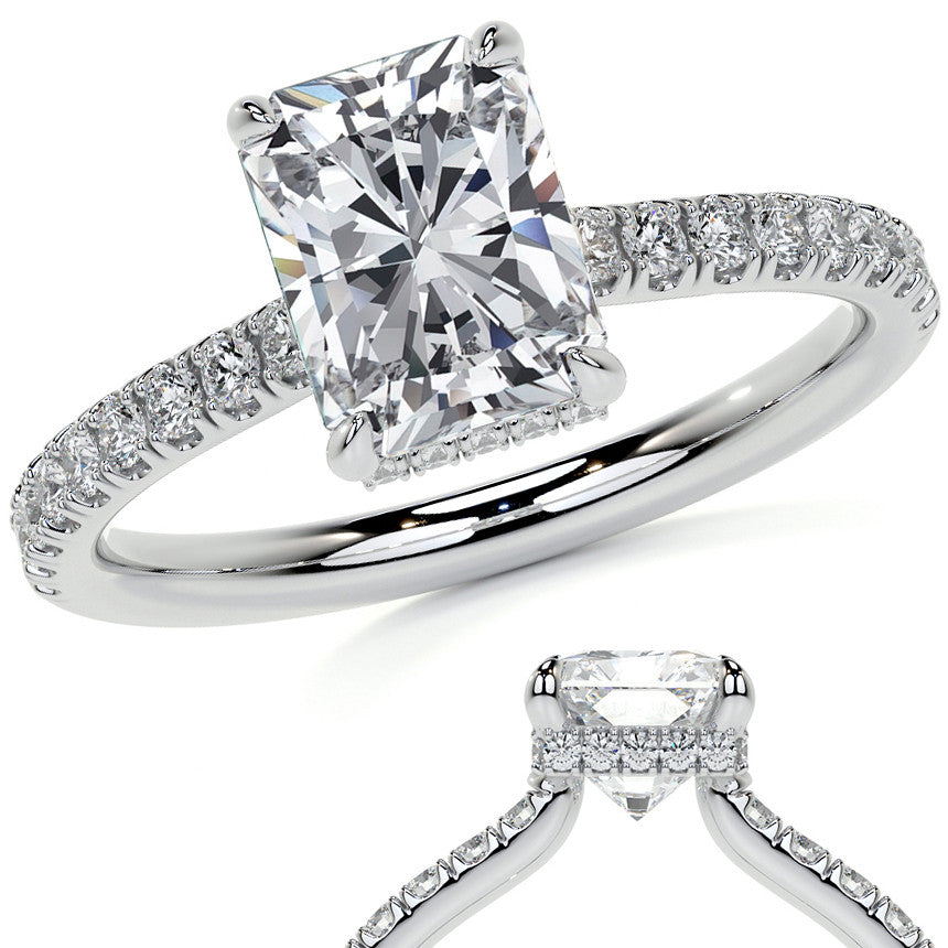 Emerald / Radiant 4-Prong Hidden Halo Moissanite Engagement Ring