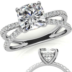 Split Shank Hidden Halo Cushion Moissanite Engagement Ring