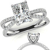 Split Shank Hidden Halo Emerald / Radiant Moissanite Engagement Ring