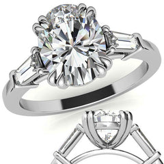 Oval Moissanite Tapered Baguette Double Claw Prong Engagement Ring