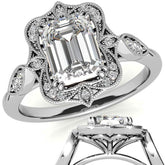 Antique Vintage Style Halo Emerald / Radiant Moissanite Engagement Ring
