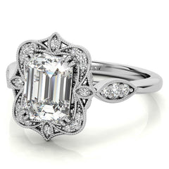 Antique Vintage Style Halo Emerald / Radiant Moissanite Engagement Ring